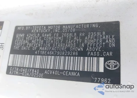 2009 Toyota Camry Le z USA, uszkodzony, nr VIN 4T1BE46K79U829286